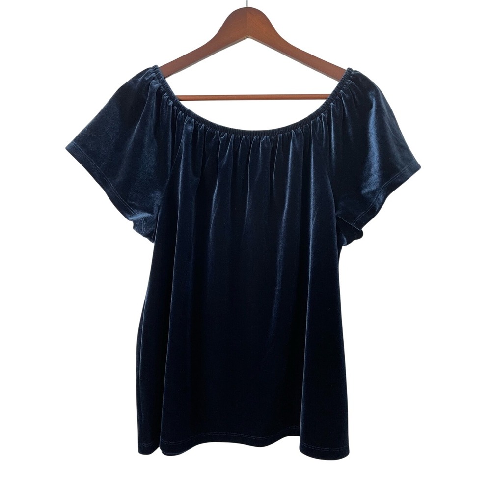 Gap L Navy Blue Velvet Top Off Shoulder Stretch Short Sleeve Dark Academia Party